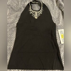 NWT Elegant Black Halter Top with Embroidered And Stone Detail SzS